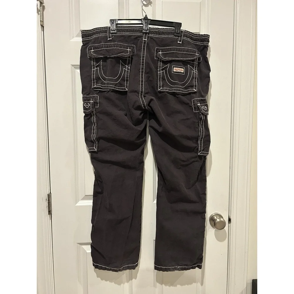 True Religion Black Big T Classic Cargo Pants Men's 40x30 Y2K Drawstring Baggy